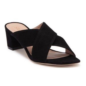 Stuart Weitzman Aletha Black Suede Cross Strap Square Toe Heeled Sandals